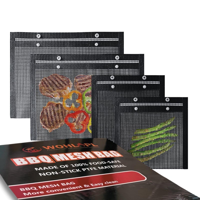 WOHLOPL Grill Bags - Reusable Non-Stick BBQ Mesh Grill Bags, 4 Pieces, Two Sizes (15.7 x 10.6 Inch, 8.7 x 10.6 Inch), Black - Image 1
